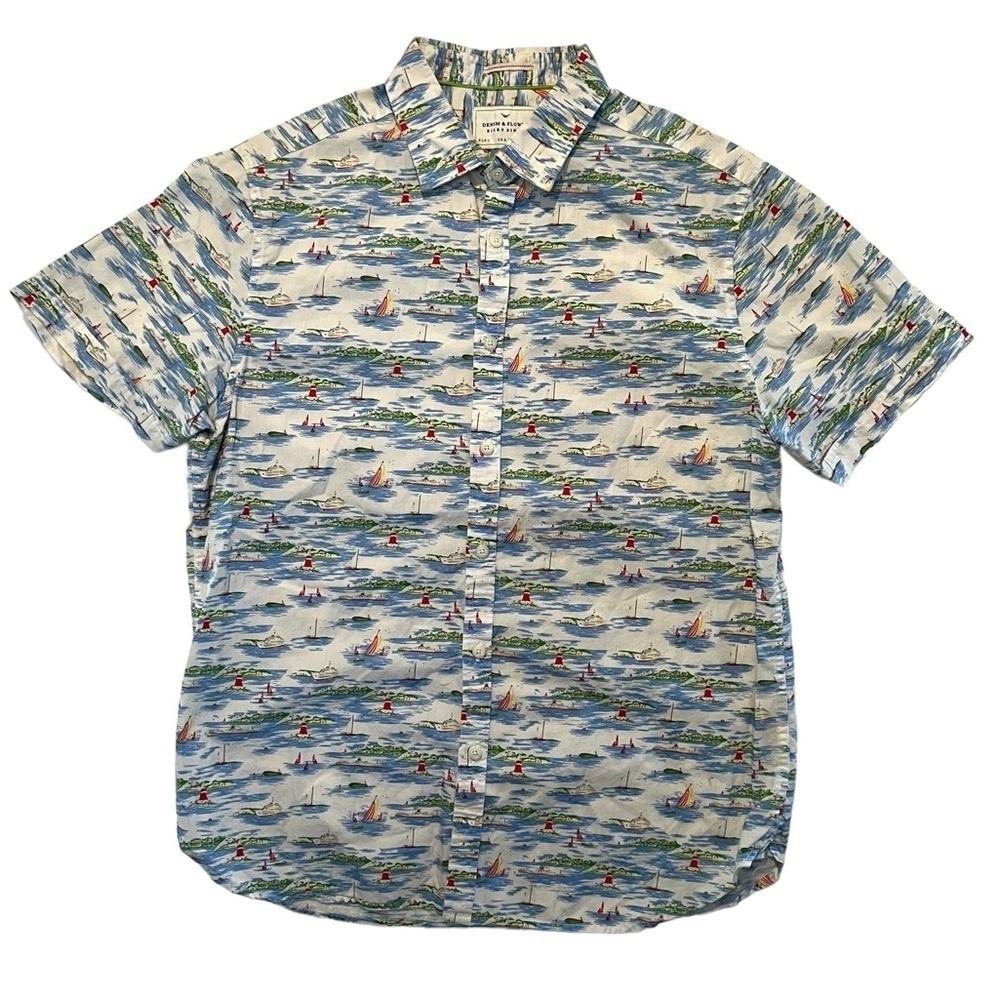 Denim & Flower Short Sleeve Button Down Shirt in a Sailboat Print Men’s Lrg Slim
